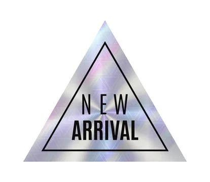 Triangular sign displaying the phrase New Arrival in bold letters captures at Stock Illustration