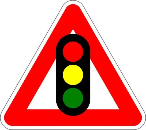Triangular sign for drivers warning for traffic lights on the road. Illustrazione stock