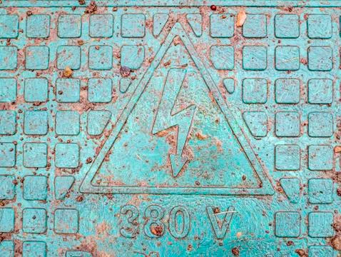 Triangular sign of high voltage. 스톡 사진