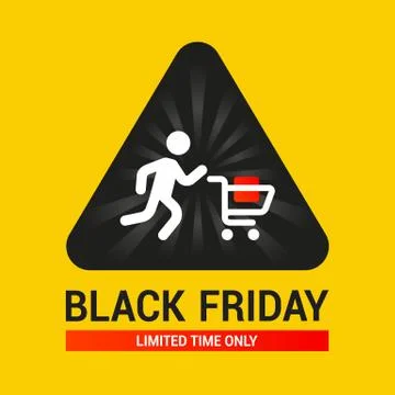 Triangular sign with a little man rolling a cart with purchases. poster for Stock Illustration