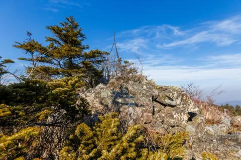 The triangular sign stands on a rocky ridge in the Primorsky Territory. Autum Stock Photos