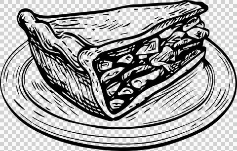 Triangular slice of layered cake is resting on round plate in sketch style, 스톡 일러스트