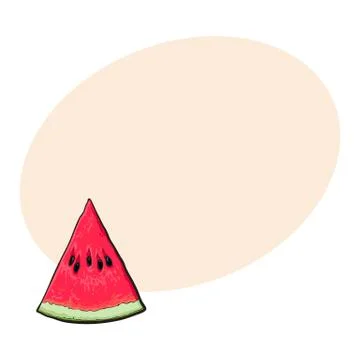 Triangular slice of ripe watermelon, sketch style vector illustration Illustrazione stock