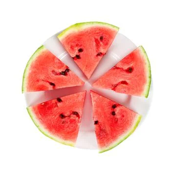 Triangular slices of ripe red watermelon on a white plate. Isolated on white Stock Photos