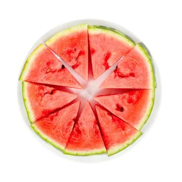 Triangular slices of ripe red watermelon on a white plate. Isolated on white Stock Photos