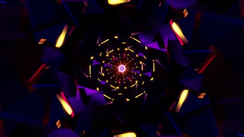 Triangular spiral mandala with neon magenta edges and glowing amber core loop Stock Footage 331148686
