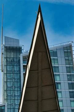 Triangular Structure with Modern Buildings in Manchester, UK. Stock Photos