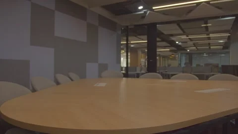 Triangular table and empty conference room with with gray colors chairs Stock Footage 274709214