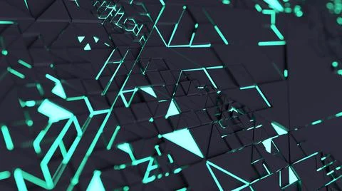 Triangular technological patterns with green neon light Stock Illustration