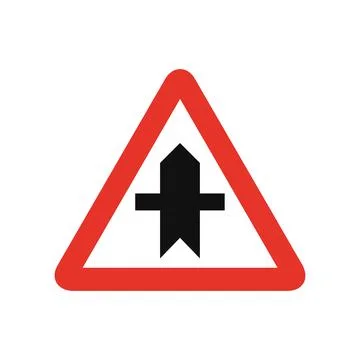 Triangular traffic signal in white and red, isolated on white background. War Illustrazione stock
