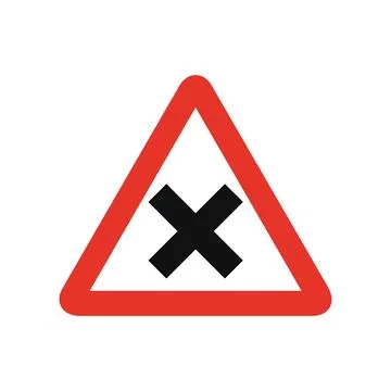 Triangular traffic signal in white and red, isolated on white background. War Illustrazione stock