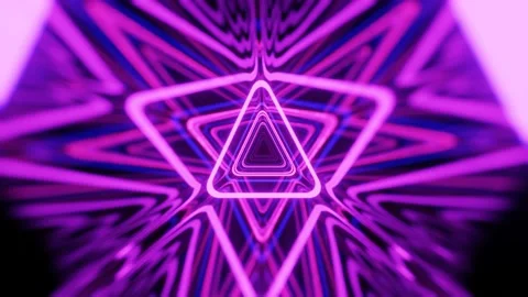 Triangular tunnel. Fly through mirror tunnel with neon pattern, glow lines form Stock Footage 181638212