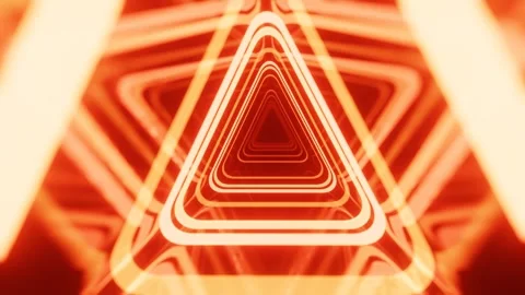 Triangular tunnel. Fly through mirror tunnel with neon pattern, glow lines form Stock Footage 243768543