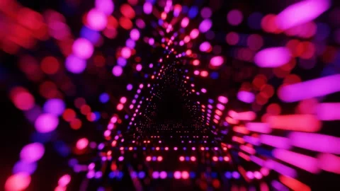 Triangular tunnel. Fly through mirror tunnel with neon pattern, glow lines form Stock Footage 278981491