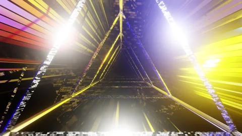 Triangular Tunnel of Rotating Geometric Shapes Shimmers and Sparkles with Stock Footage 243771835