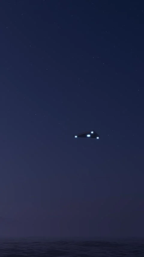 A triangular UFO flies over the ocean on a starry night. 3d render Stock Footage 296007509