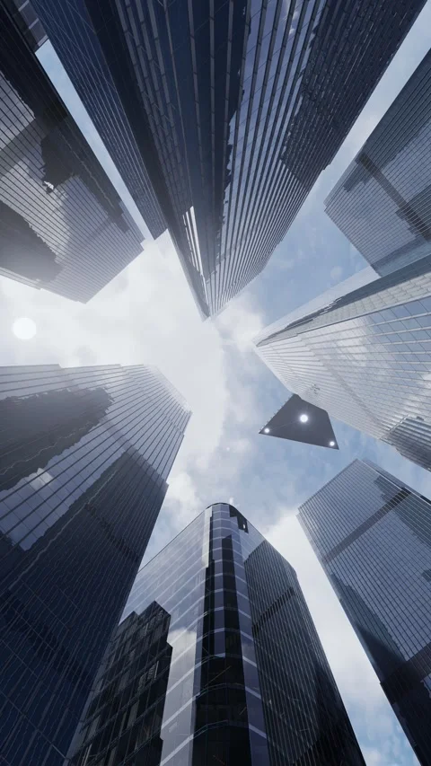 Triangular UFO flies in the sky above skyscrapers. 3D rendering Stock Footage 299564743