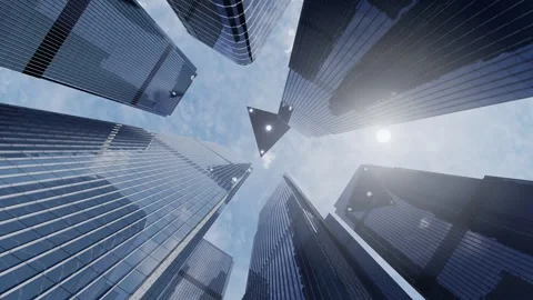 Triangular UFO flies in the sky above skyscrapers. 3D rendering Stock Footage 299564752