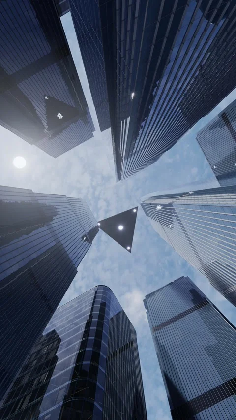 Triangular UFO flies in the sky above skyscrapers. 3D rendering Stock Footage 299564778