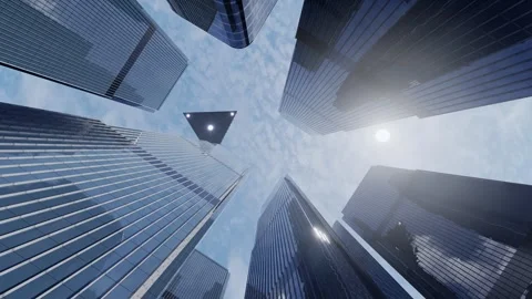 Triangular UFO flies in the sky above skyscrapers. 3D rendering Stock Footage 299564782