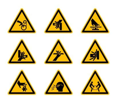 Triangular Warning Hazard Symbols labels Isolate On White Background,Vector I Illustrazione stock
