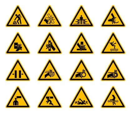 Triangular Warning Hazard Symbols labels On White Background Illustrazione stock