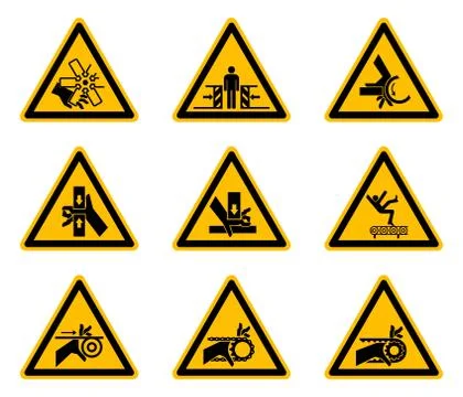 Triangular Warning Hazard Symbols labels On White Background Illustrazione stock