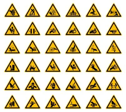 Triangular Warning Hazard Symbols labels On White Background Illustrazione stock