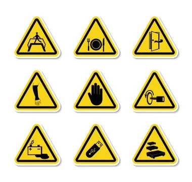 Triangular Warning Hazard Symbols labels Sign Isolate on White Background,Vec Illustrazione stock
