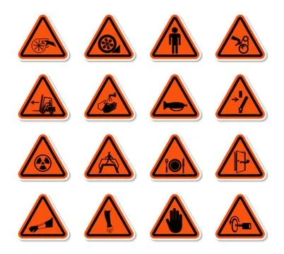 Triangular Warning Hazard Symbols labels Sign Isolate on White Background,Vec Illustrazione stock