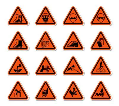 Triangular Warning Hazard Symbols labels Sign Isolate on White Background,Vec Illustrazione stock