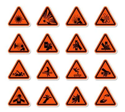 Triangular Warning Hazard Symbols labels Sign Isolate on White Background,Vec Illustrazione stock