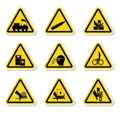 Triangular Warning Hazard Symbols labels On White Background Illustrazione stock