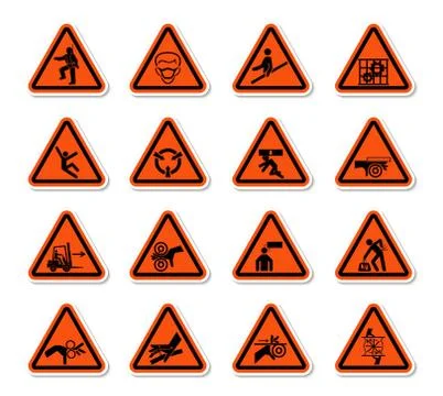 Triangular Warning Hazard Symbols labels Sign Isolate on White Background,Vec Illustrazione stock