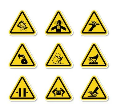 Triangular Warning Hazard Symbols labels On White Background Illustrazione stock