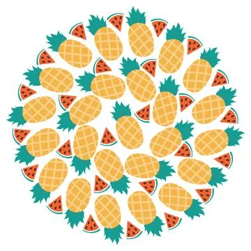 Triangular Watermelon slices and whole Pineapples Circular Summertime Fruits 스톡 일러스트