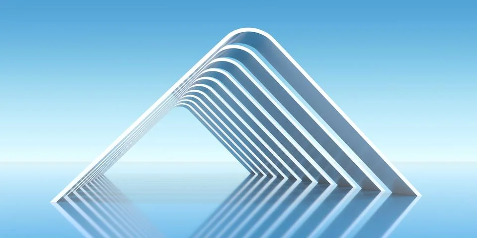 Triangular White Geometric Arch over Reflective Surface - 3d Illustration Stock Illustration