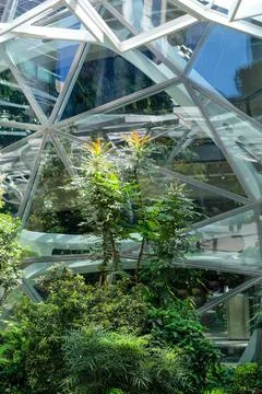 Triangular window panels in modern structure in Seattle, WA Stock Photos