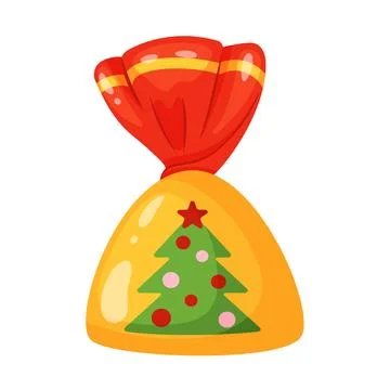Triangular wrapped Christmas sweet decorated with Christmas tree. flat styl.. Stock Illustration