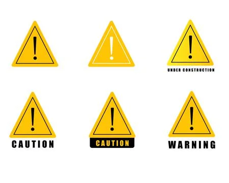 Triangular yellow warning symbols with exclamation mark. Stock Illustration