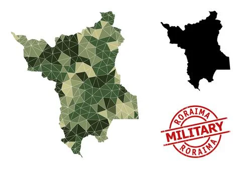 Triangulated Mosaic Map of Roraima State and Grunge Military Seal Stock Illustration