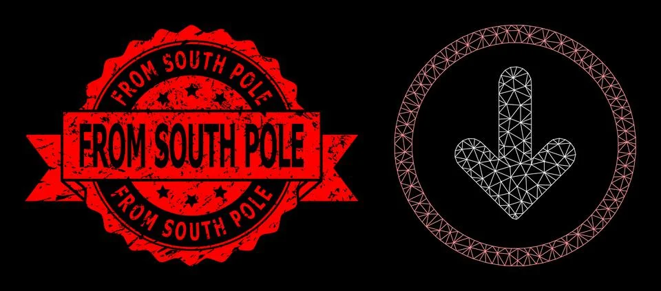 Triangulated Network Mesh Down Pointer Image with Distress From South Pole Seal Illustrazione stock