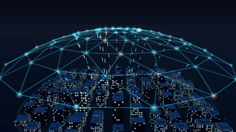 Triangulated sensor mesh canopy arching over a lit city with data pulses Stock Footage 341071150