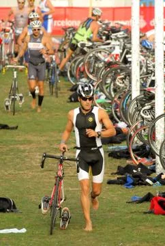 Triathlete on transition zone Stock Photos