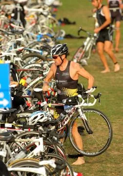 Triathlete on transition zone Stock Photos
