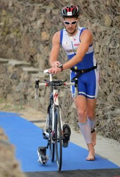 Triathlete on transition zone Foto stock