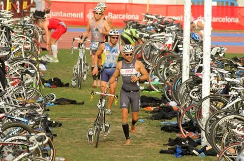 Triathletes on transition zone Stock Photos