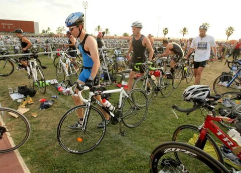 Triathletes on transition zone Stock Photos