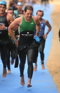 Triathletes on transition zone Stock Photos