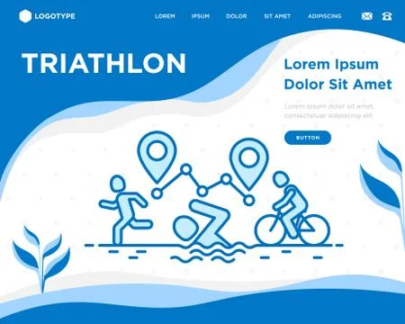 Triathlon web page template with thin line icons: runner, swimmer, cyclist Stock Illustration